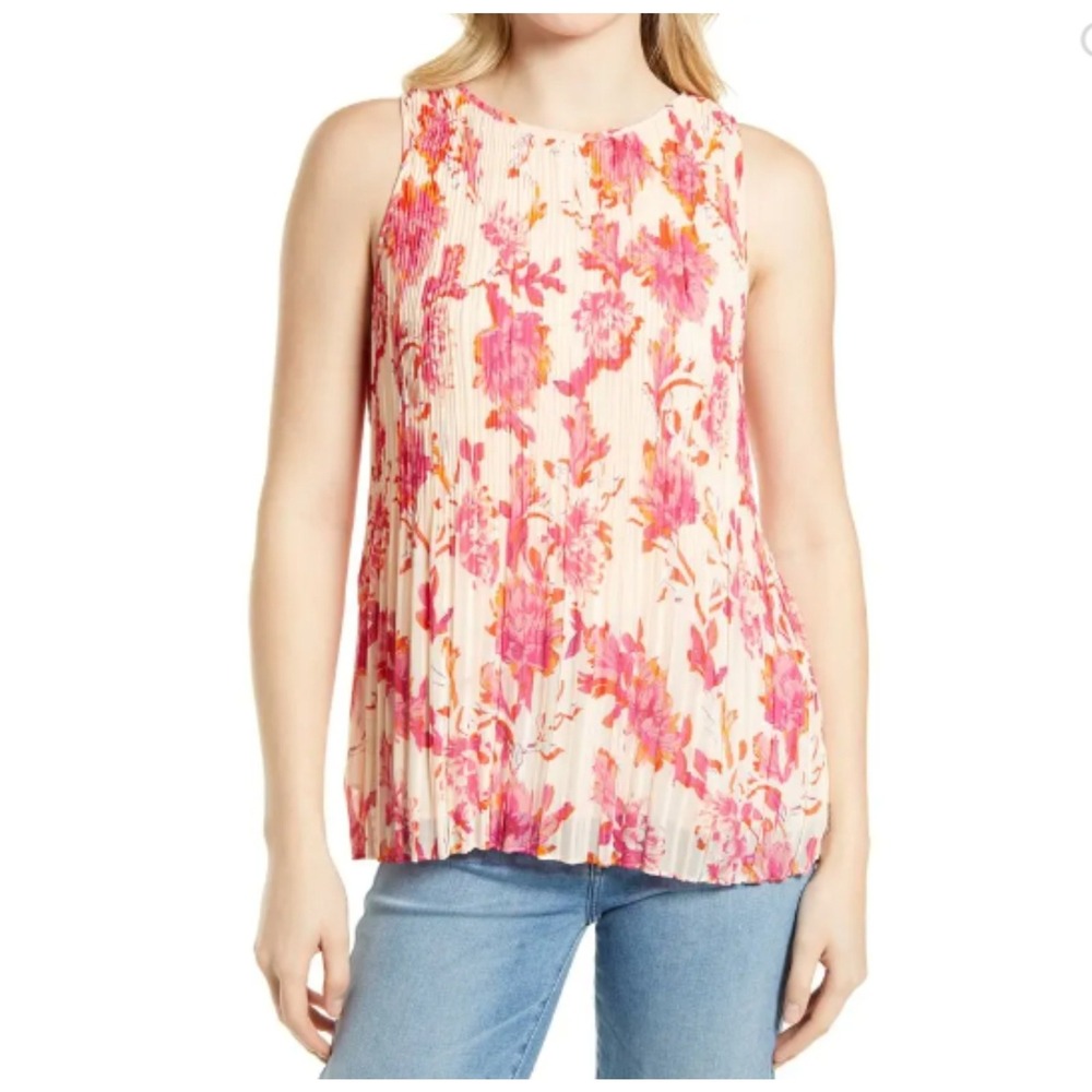 Halogen(R) Sleeveless Pleated Georgette Top In Pink Sheer Medow Floral Size Smal